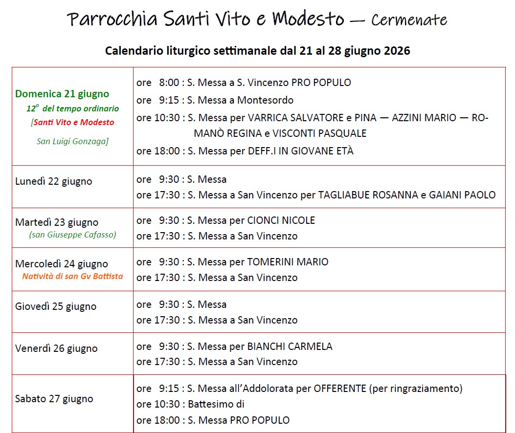 Calendario Liturgico (21-28 giugno)