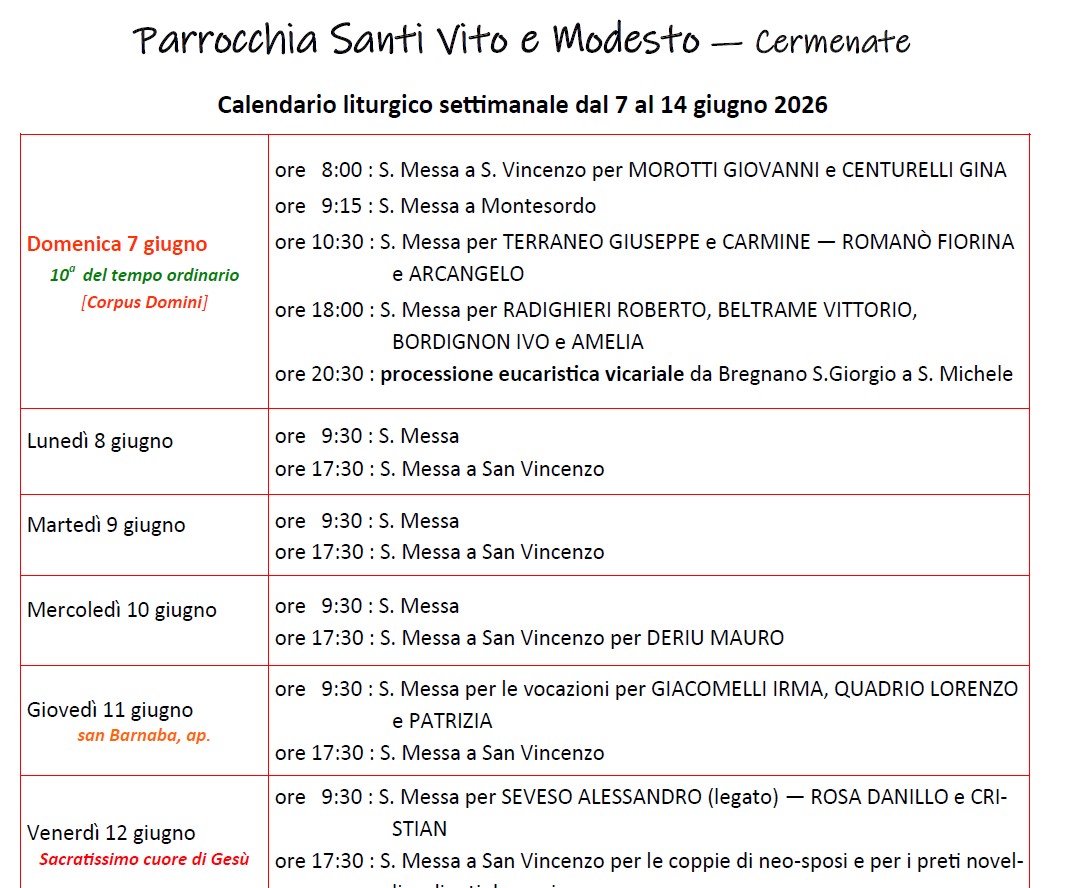 Calendario Liturgico (7-14 giugno)