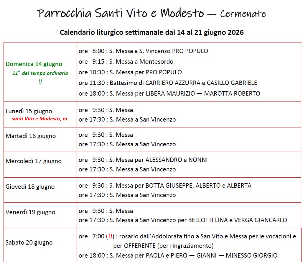 Calendario Liturgico (14-21 giugno)