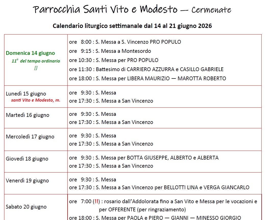 Calendario Liturgico (14-21 giugno)
